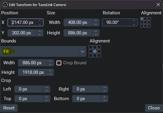 OBS Edit Transform dialog with Bounding Box Type set to Scale to inner bounds